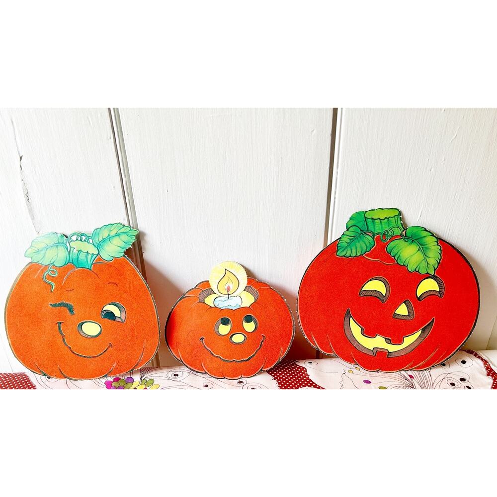 Vintage die cut Halloween Jacko lantern pumpkins flocked set of 3 imperfect